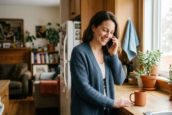 Adult daughter calling her mother calmly from her own home