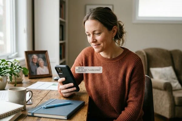 Adult child receiving a calm fall alert on her phone