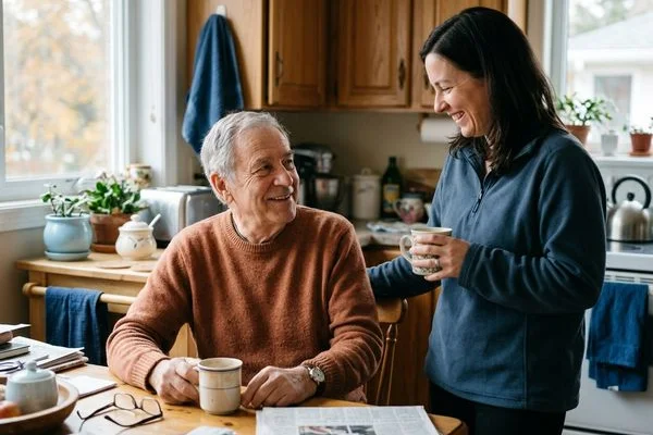 Adult daughter with aging father in the kitchen post-discharge