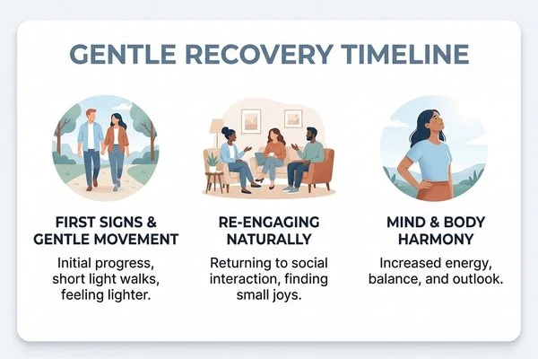 Gentle recovery-window timeline with early-signal markers