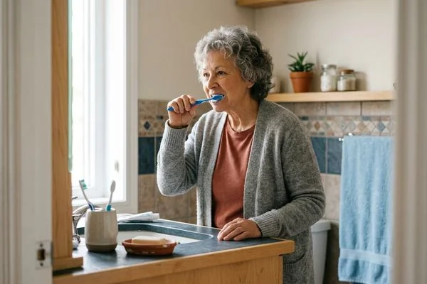 Older adult brushing teeth at a well-lit bathroom sink, independent and dignified