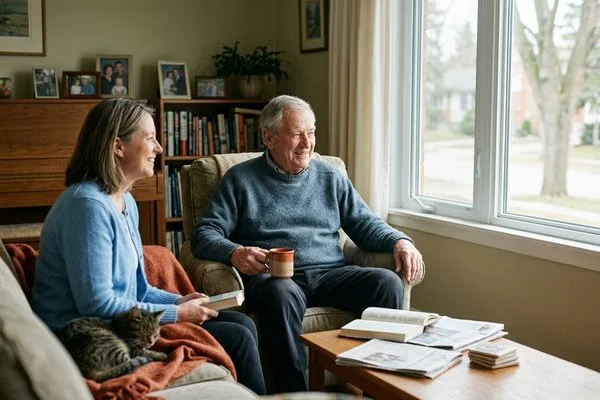 Older adult comfortable at home with family nearby