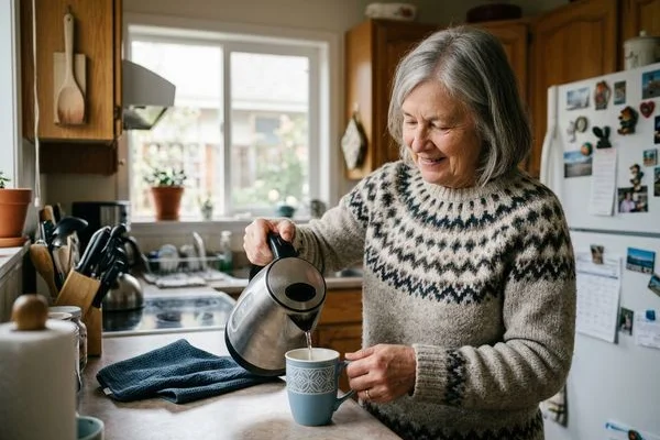 Older adult making tea with confidence at home