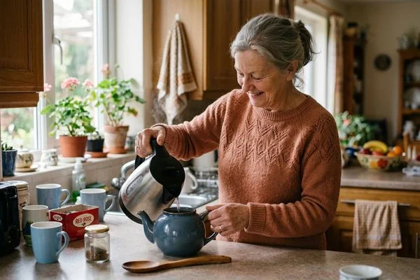 Older adult making morning tea, calm routine
