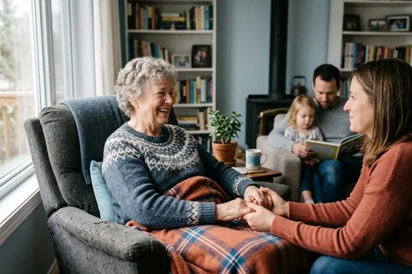 Older adult recovering comfortably at home with family nearby