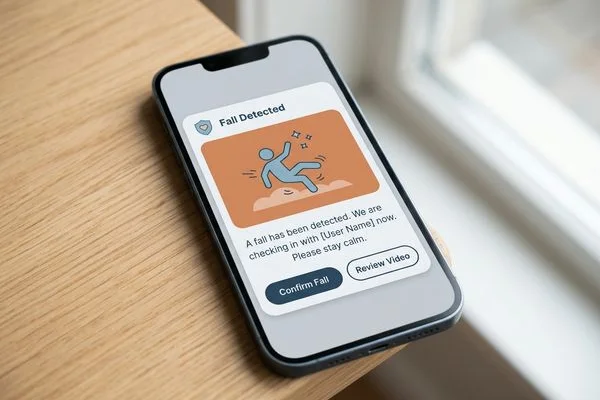 App showing a privacy-safe stick figure of a fall event
