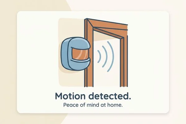 Gentle illustration of a door and motion sensor near the entryway