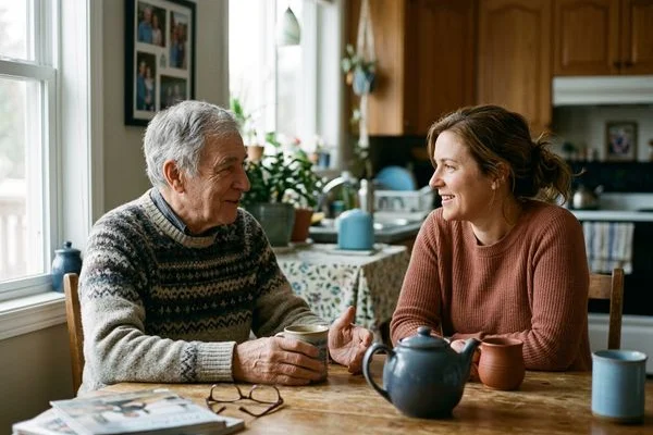 Warm conversation between adult daughter and aging parent at a kitchen table
