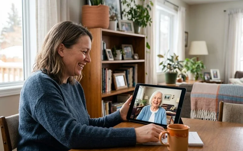 Adult child and parent talking warmly on a video call