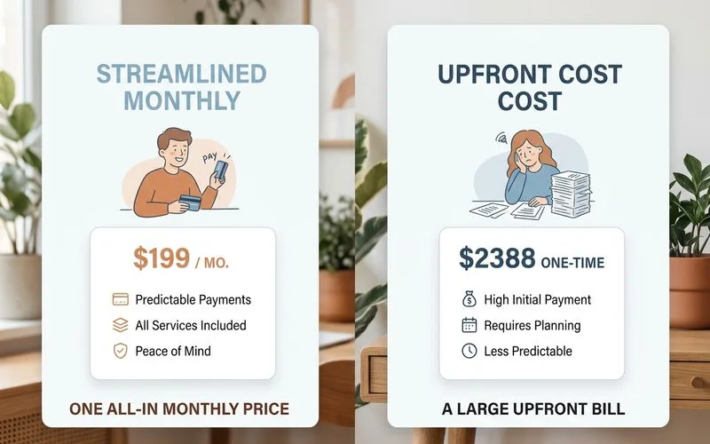 Clean comparison: one all-in monthly price vs a large upfront bill
