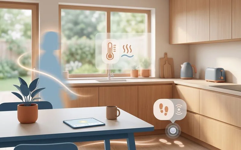 Gentle illustration of motion/temperature signals in a kitchen