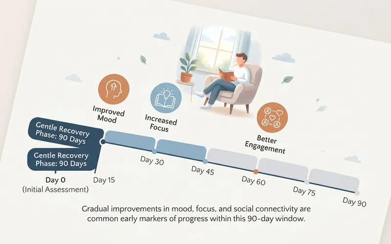 Gentle recovery-window timeline with early-signal markers