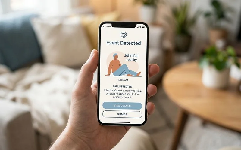 Phone showing a simple fall event with a privacy-safe abstract figure