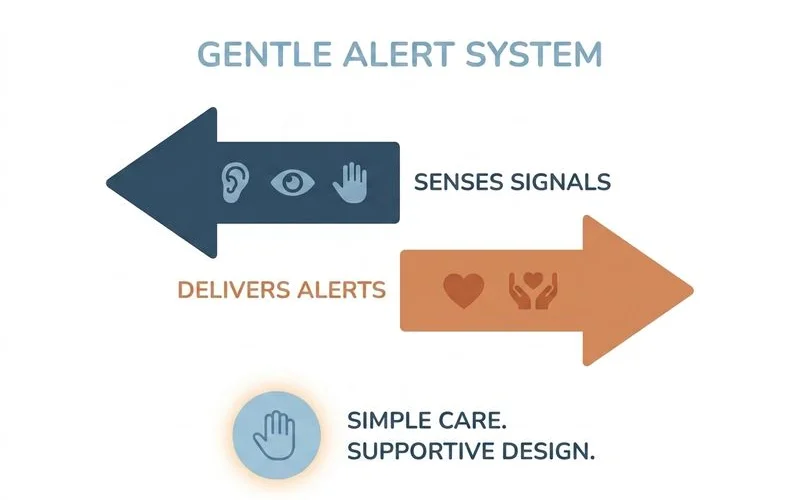 Simple clean diagram of sense → alert → set-up-for-you