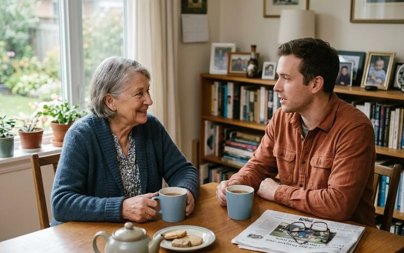 Tea on a table with two people talking, calm domestic moment