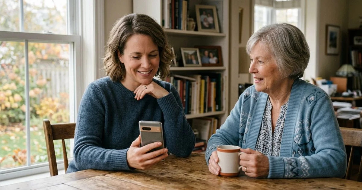 Adult child receiving a clear, calm phone alert and acting confidently