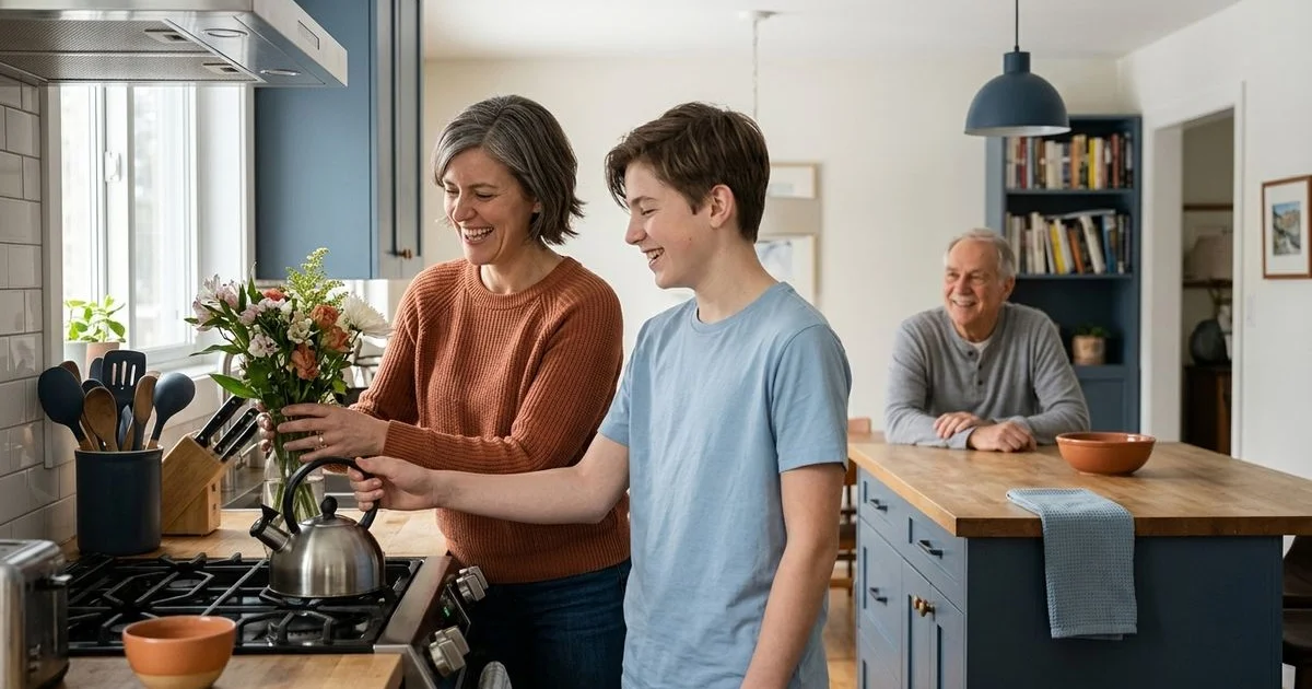 Family preparing a welcoming home before a parent returns from hospital