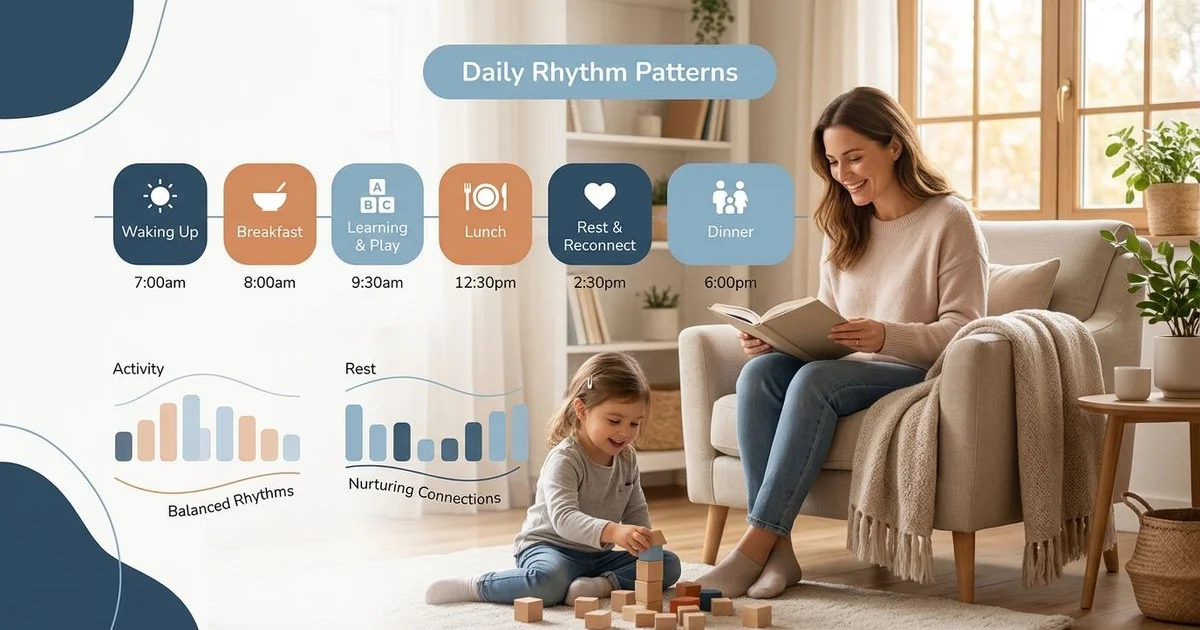 Gentle abstract of daily-rhythm patterns over a warm home scene