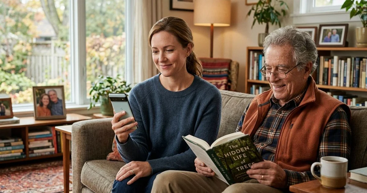 Reassured adult child glancing at a phone, calm and knowing help is automatic