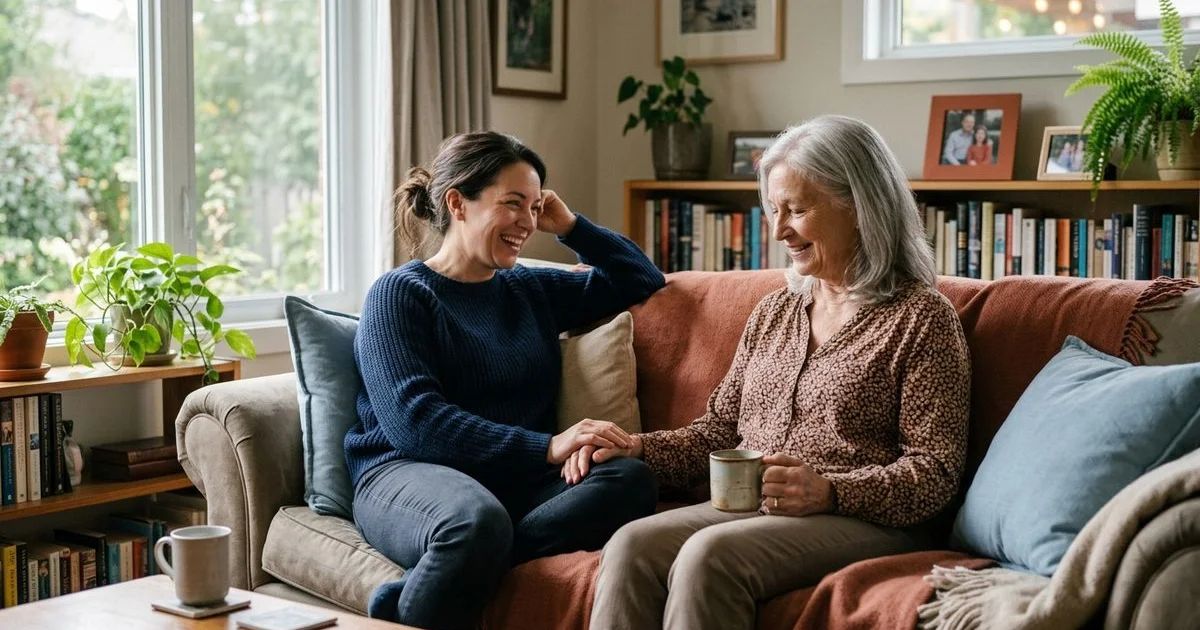 Reassured adult child relaxing at home, calm, sense of trust and privacy