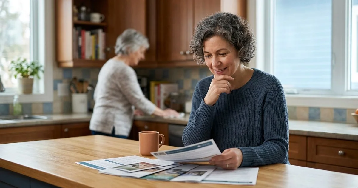 Thoughtful adult child weighing options at home, calm and considered