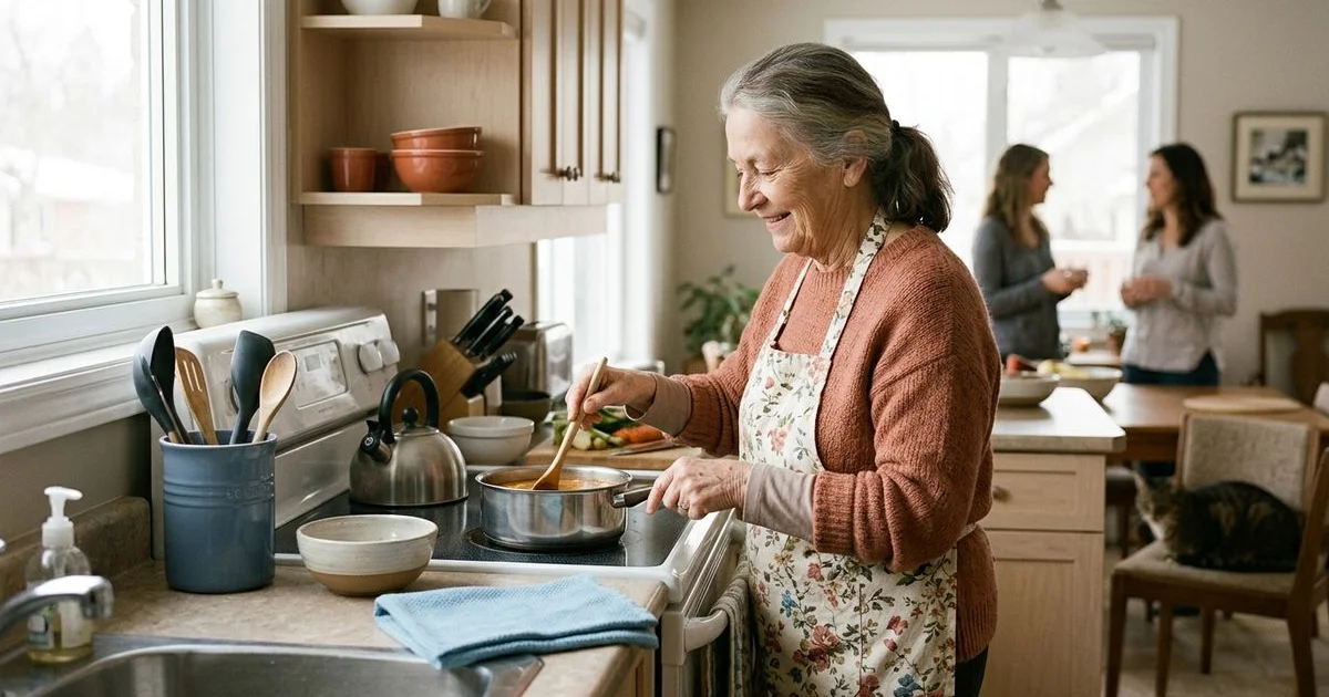 Tidy home kitchen with warm light, older adult cooking comfortably
