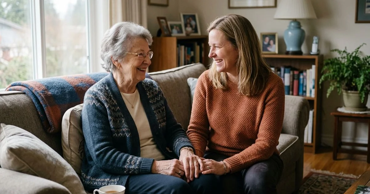 Warm conversation between adult daughter and elderly mother on a sofa