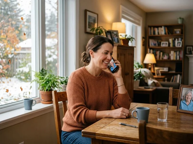Adult daughter calling her mother calmly from a warm Canadian home