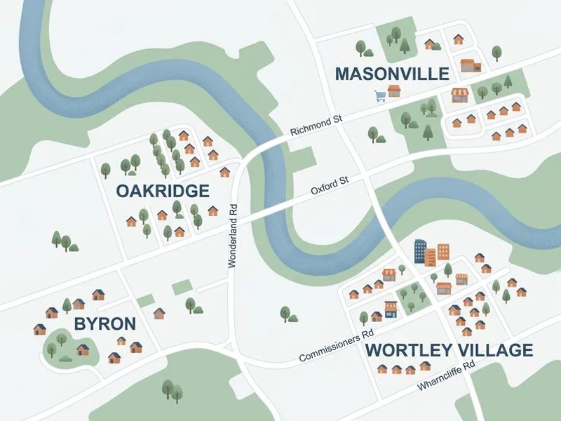 Stylized map of London, Ontario neighbourhoods Kinpanion serves