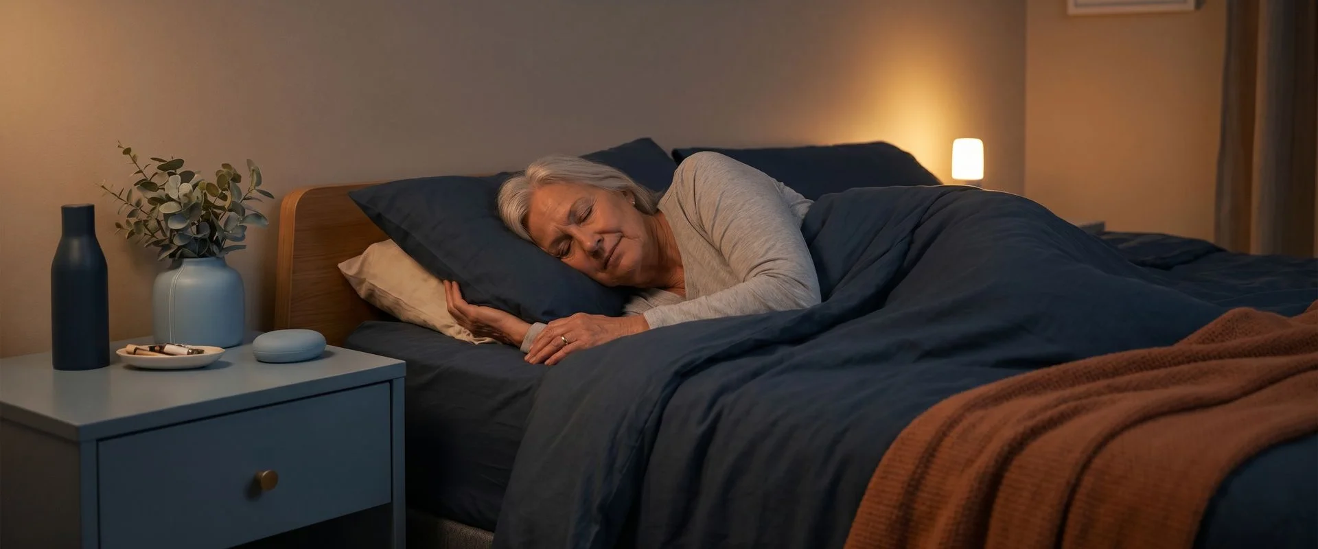 Calm bedroom at night with soft lighting, sense of safety and privacy