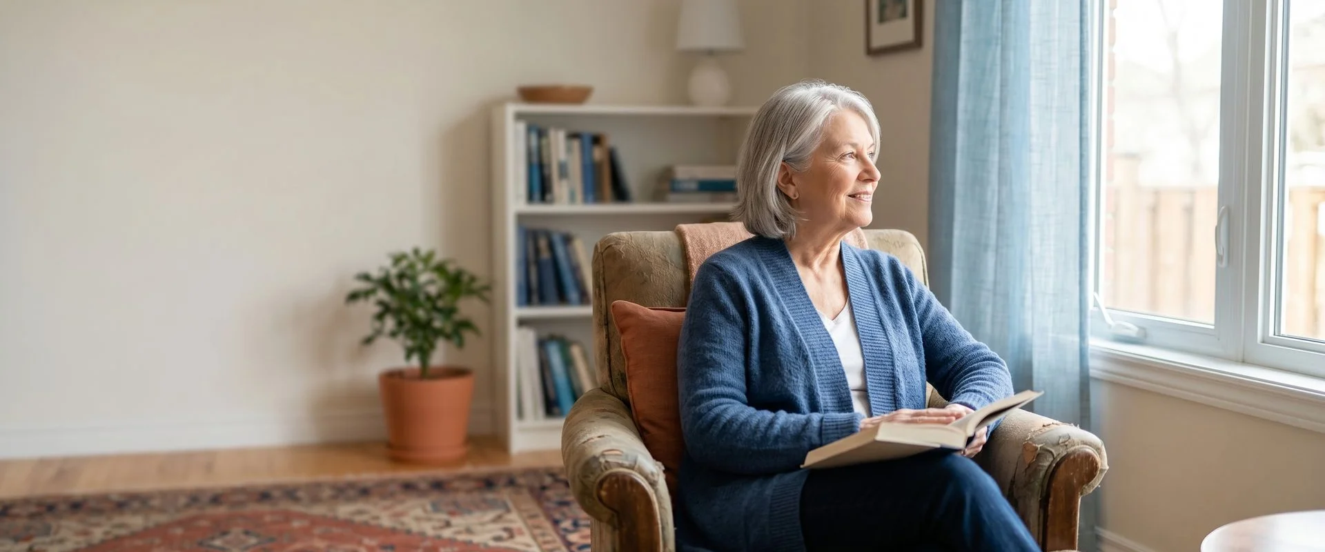 Older adult relaxed and independent in a softly lit living room