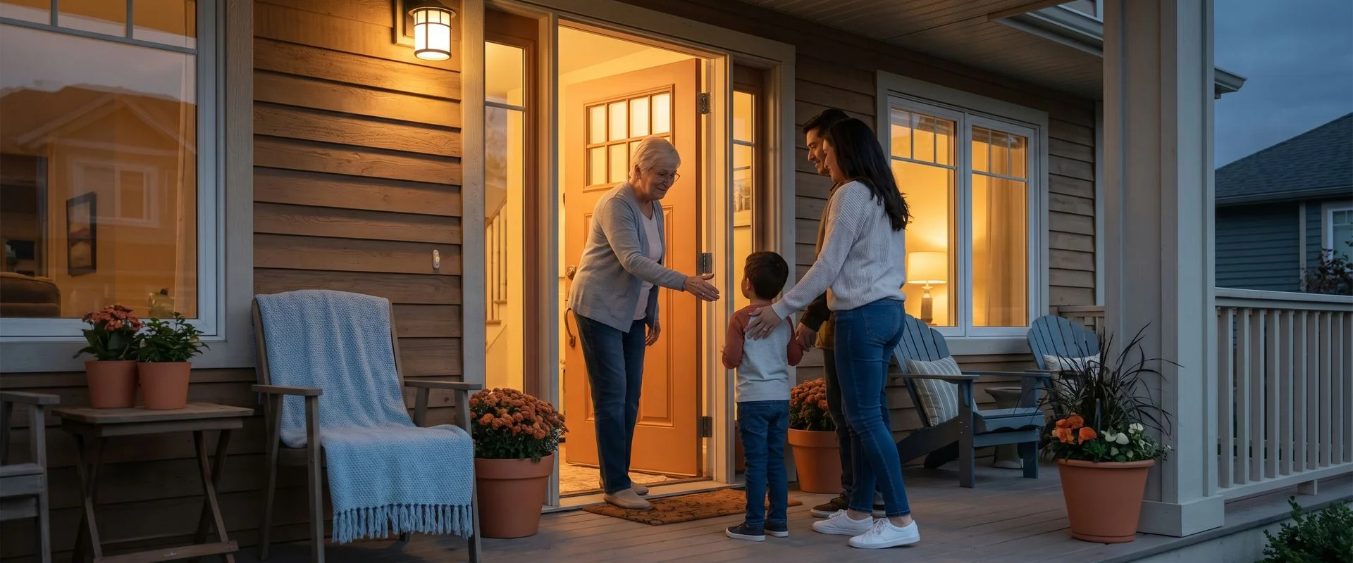 Calm front door of a home at dusk, gentle and safe