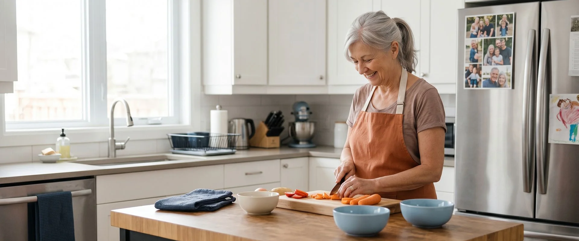 Tidy home kitchen with warm light, older adult cooking comfortably