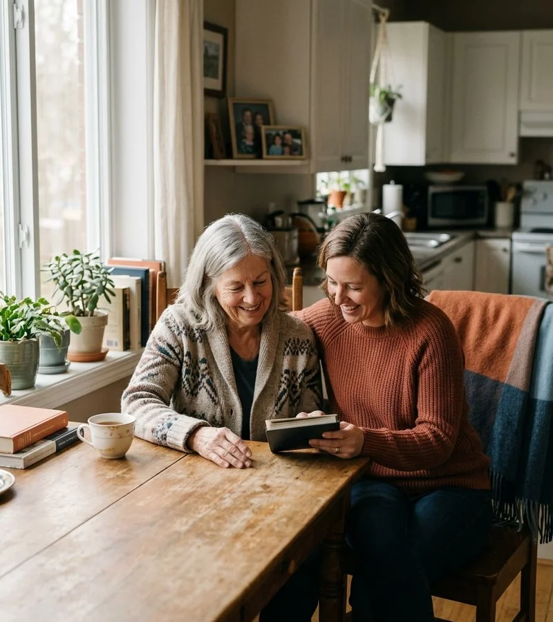 An older adult living independently at home, with family nearby. Warm, dignified, no surveillance feel