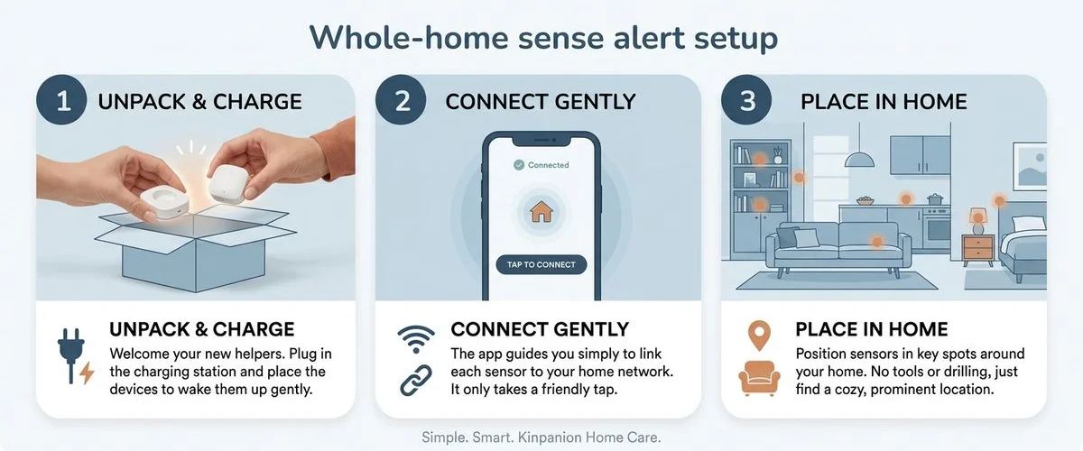 Three steps: sense, alert, set up for you. Gentle process illustration